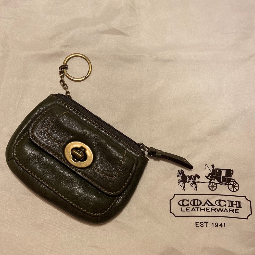 NWOT Coach Legacy Stripe 65th Anniversary Green Leather Keychain Fob Coin Purse.